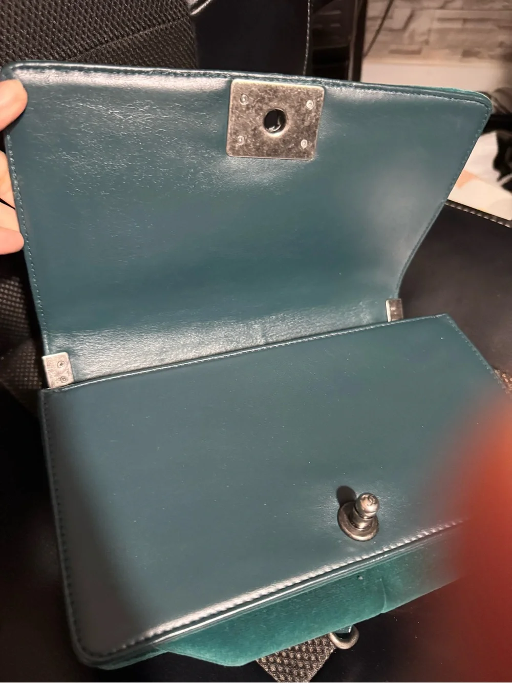 CHANEL Teal Tweed & Velvet Chain Crossbody Bag